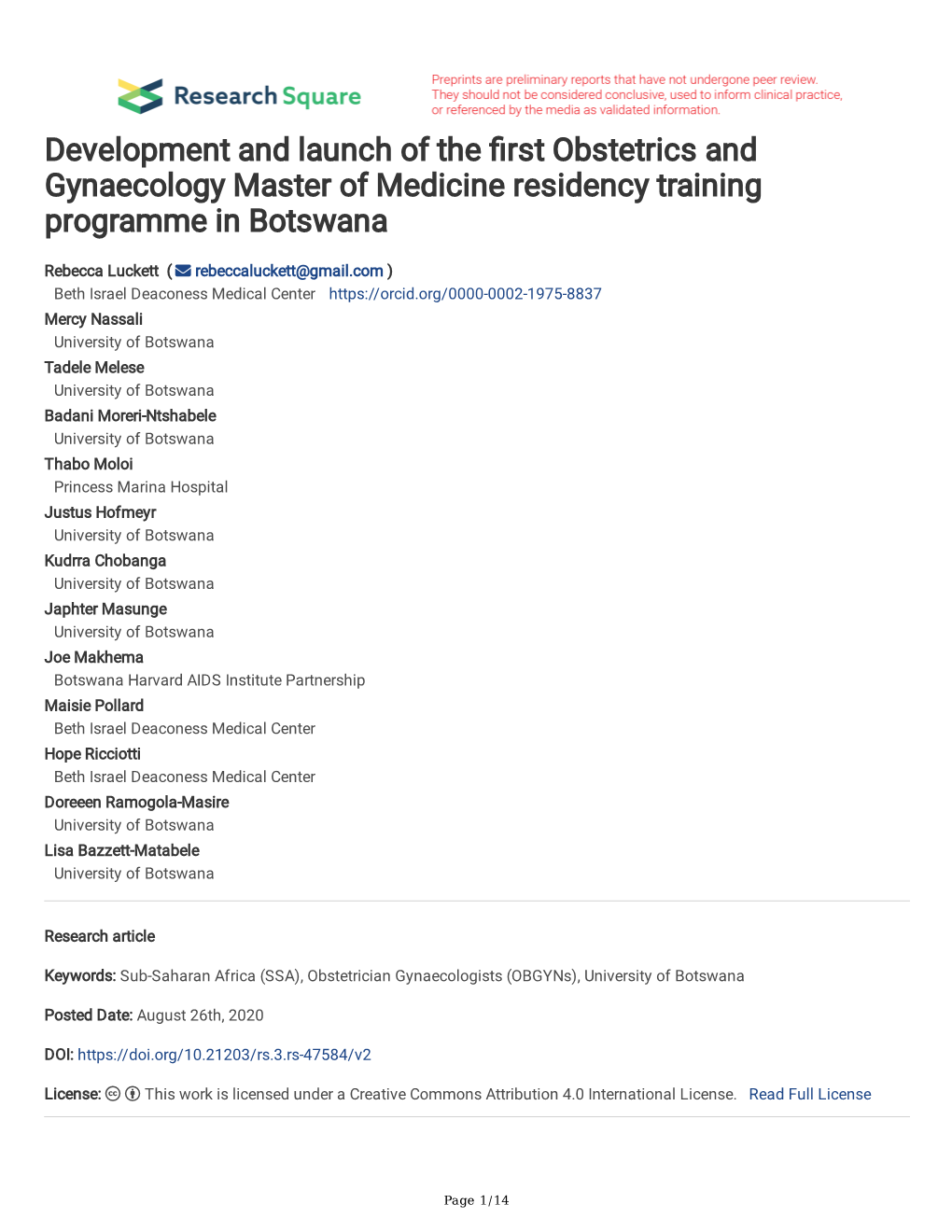 Development and Launch of the Rst Obstetrics and Gynaecology Master