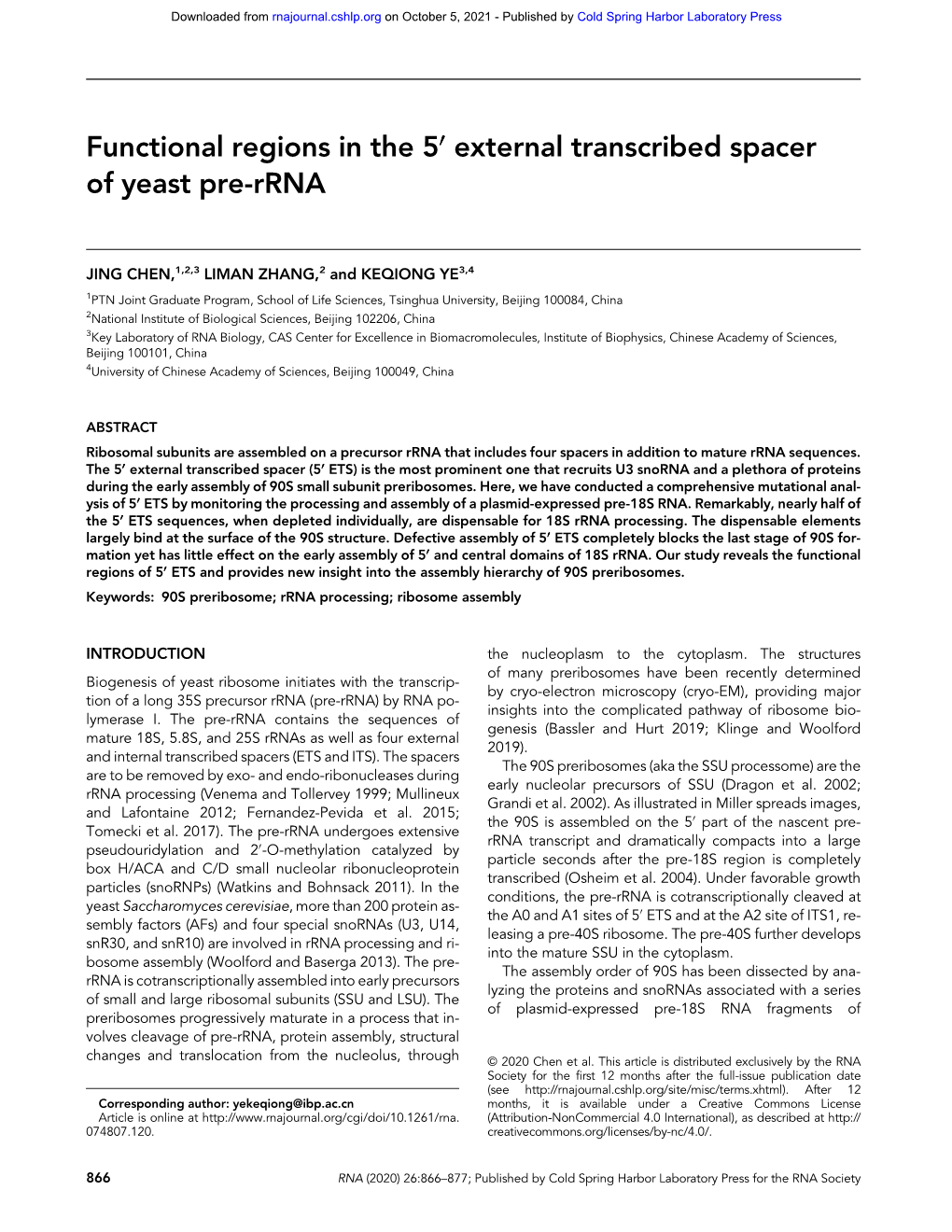 Functional Regions in the 5′ External Transcribed Spacer of Yeast Pre-Rrna