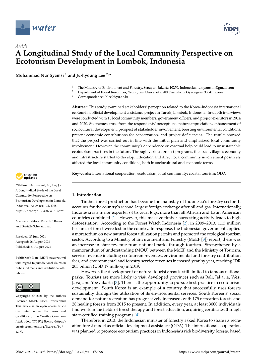 A Longitudinal Study of the Local Community Perspective on Ecotourism Development in Lombok, Indonesia