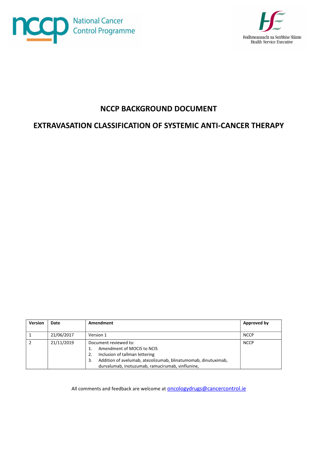 NCCP Extravasation Classification of Systemic Anti-Cancer Therapy