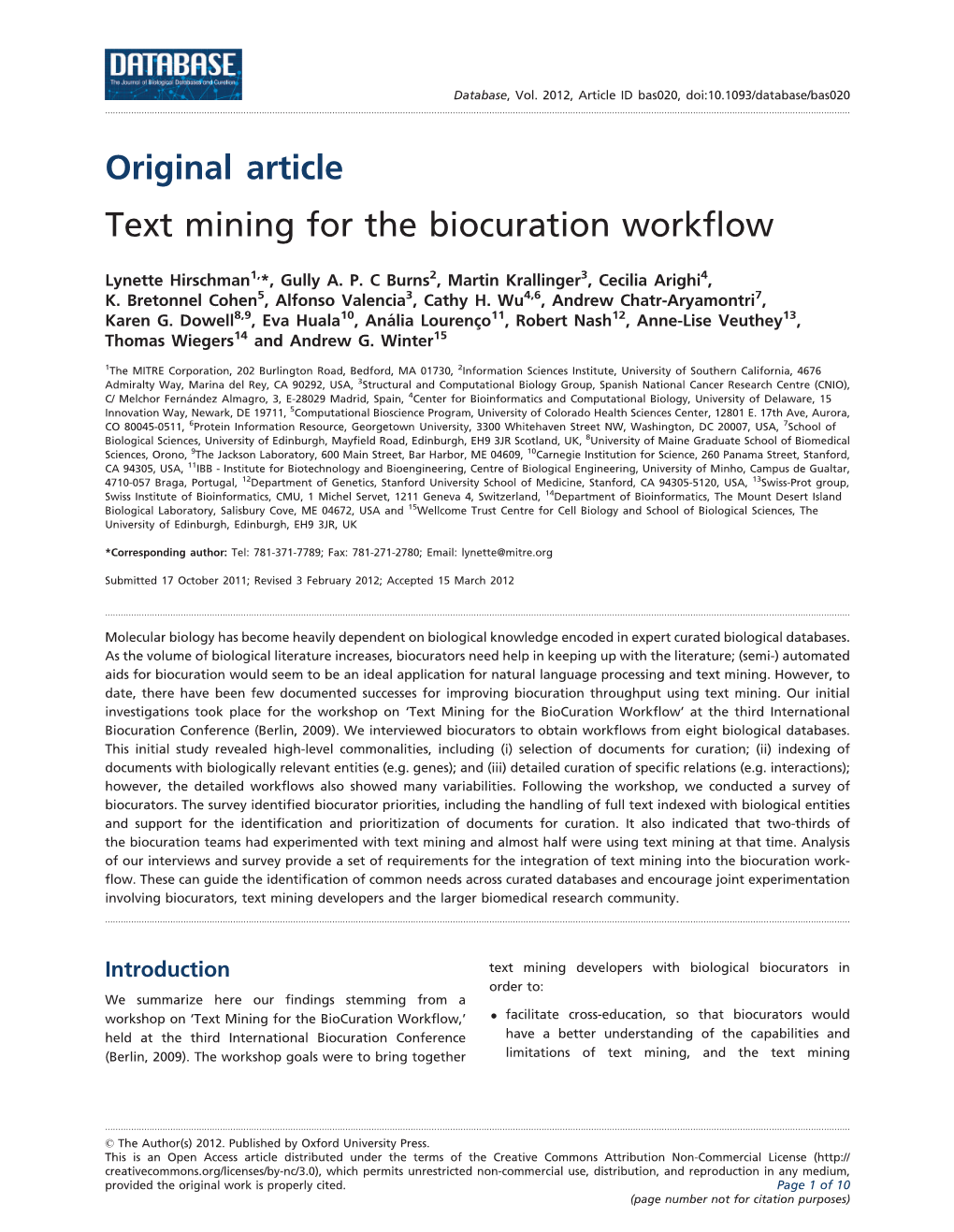 Original Article Text Mining for the Biocuration Workflow
