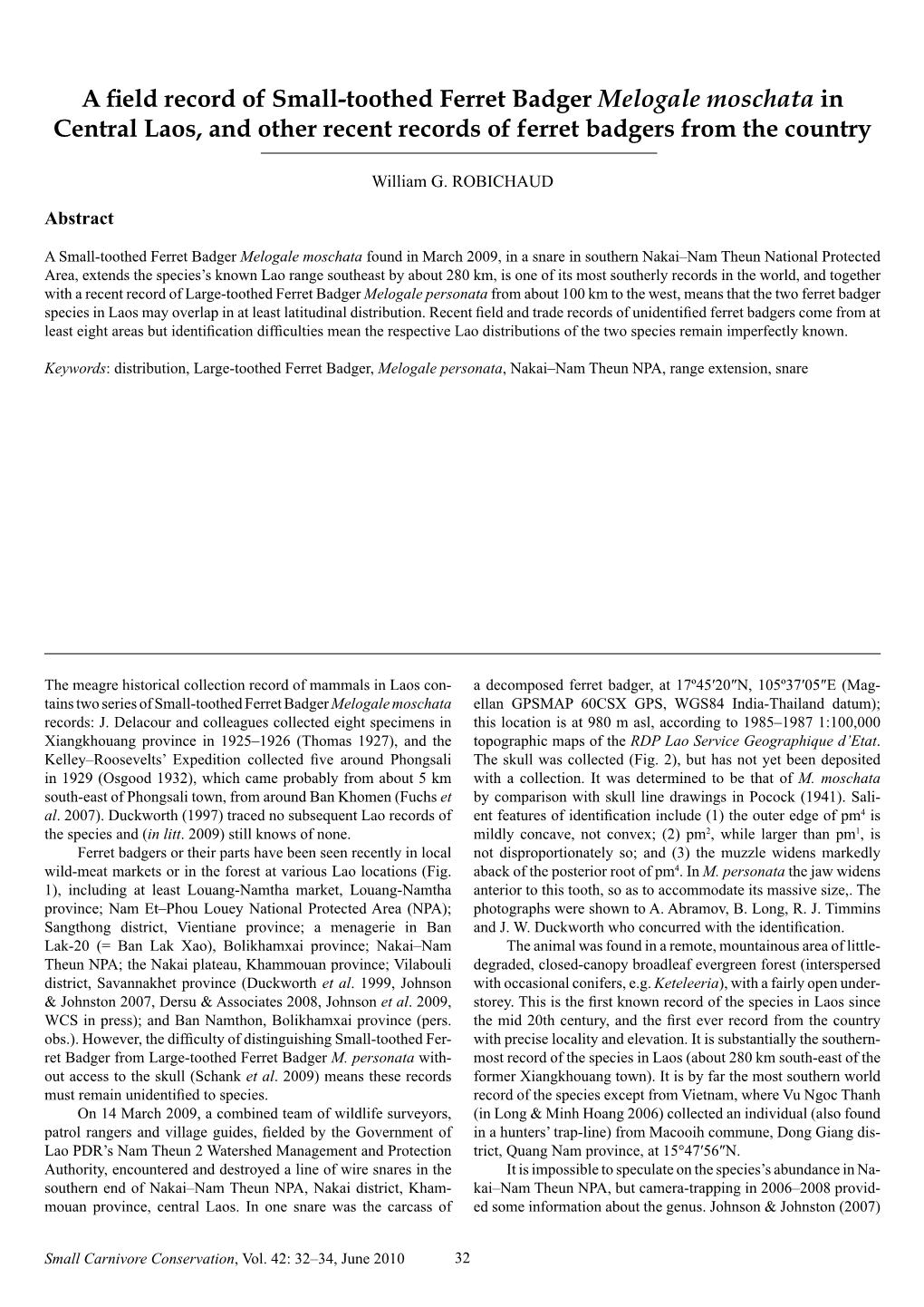 A Field Record of Small-Toothed Ferret Badger Melogale Moschata in Central Laos, and Other Recent Records of Ferret Badgers from the Country