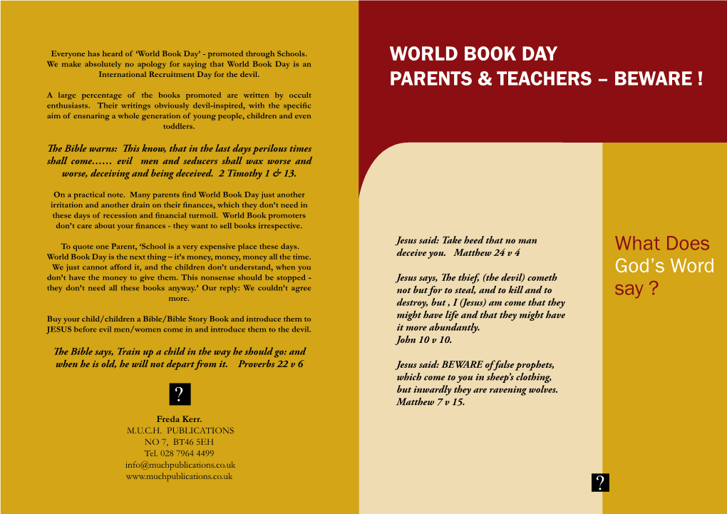 WORLD BOOK DAY PARENTS & TEACHERS – BEWARE ! What Does God's Word Say ?