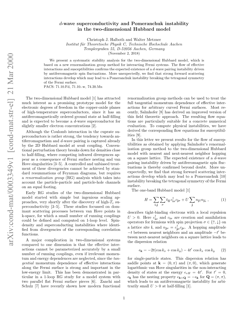 Arxiv:Cond-Mat/0003349V1 [Cond-Mat.Str-El] 21 Mar 2000 W Aallﬂtfrisraepee 6.Znh and Functional Zanchi Modern with How System Shown [6]