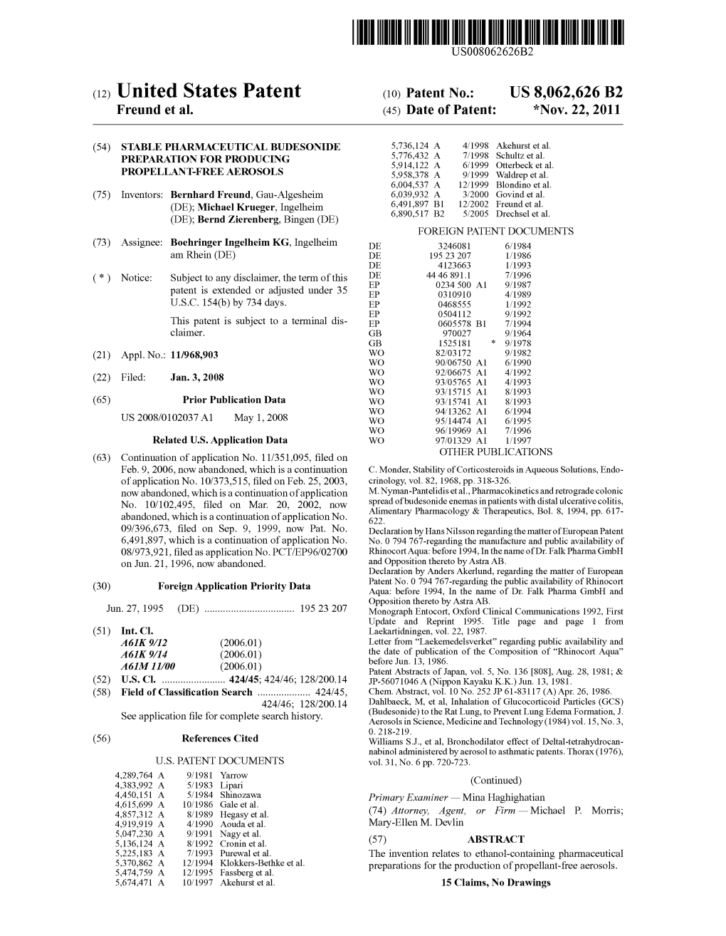 (12) United States Patent (10) Patent No.: US 8,062,626 B2 Freund Et Al