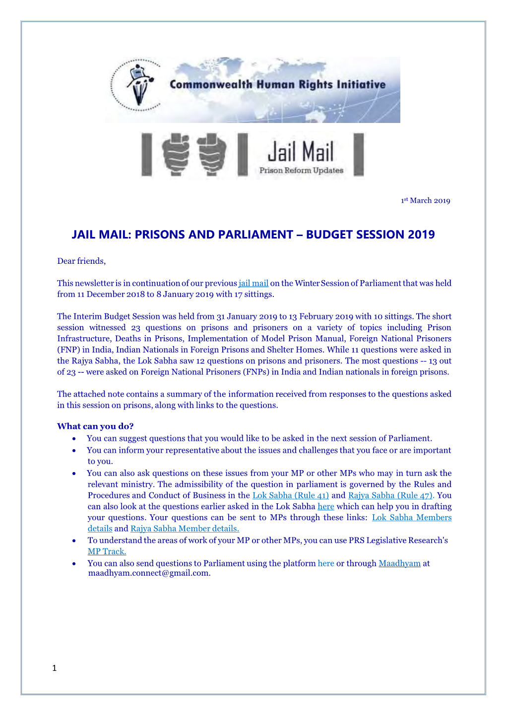 Jail Mail: Prisons and Parliament – Budget Session 2019