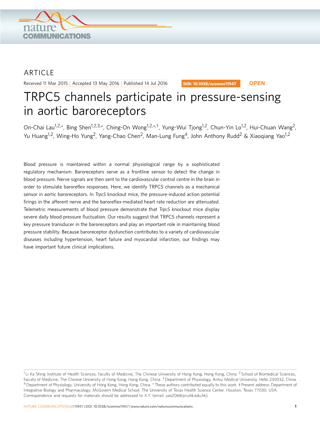 TRPC5 Channels Participate in Pressure-Sensing in Aortic Baroreceptors