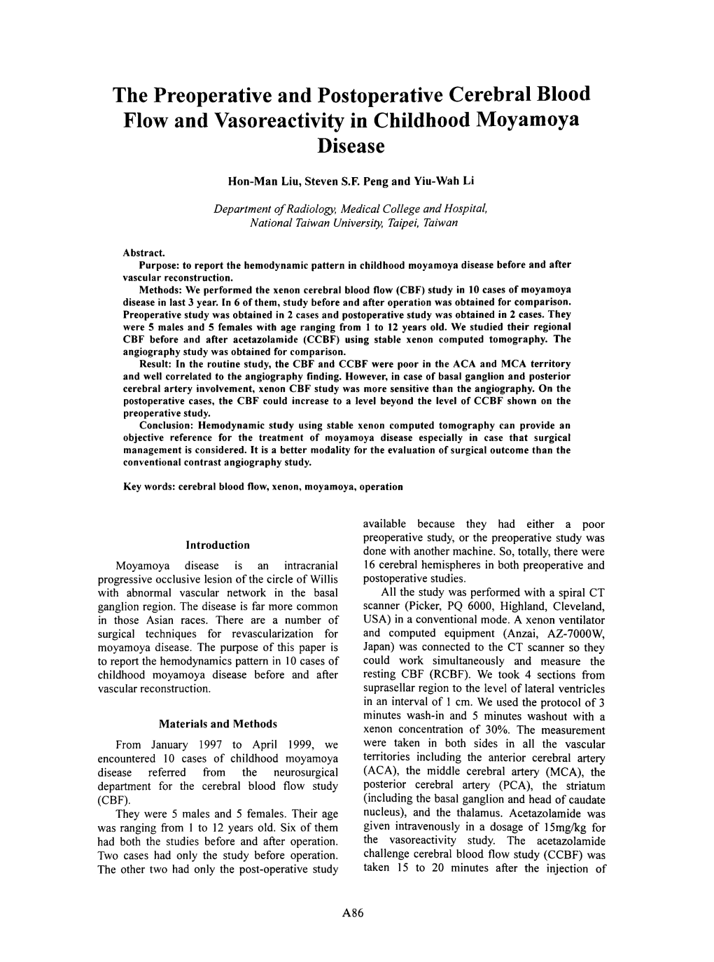 The Preoperative and Postoperative Cerebral Blood Flow and Vasoreactivity in Childhood Moyamoya Disease