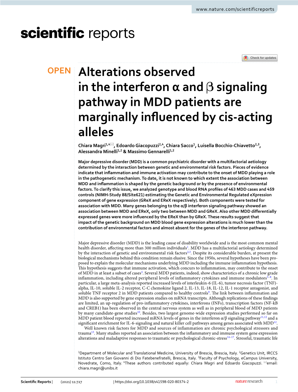 Alterations Observed in the Interferon Α and Β Signaling Pathway in MDD