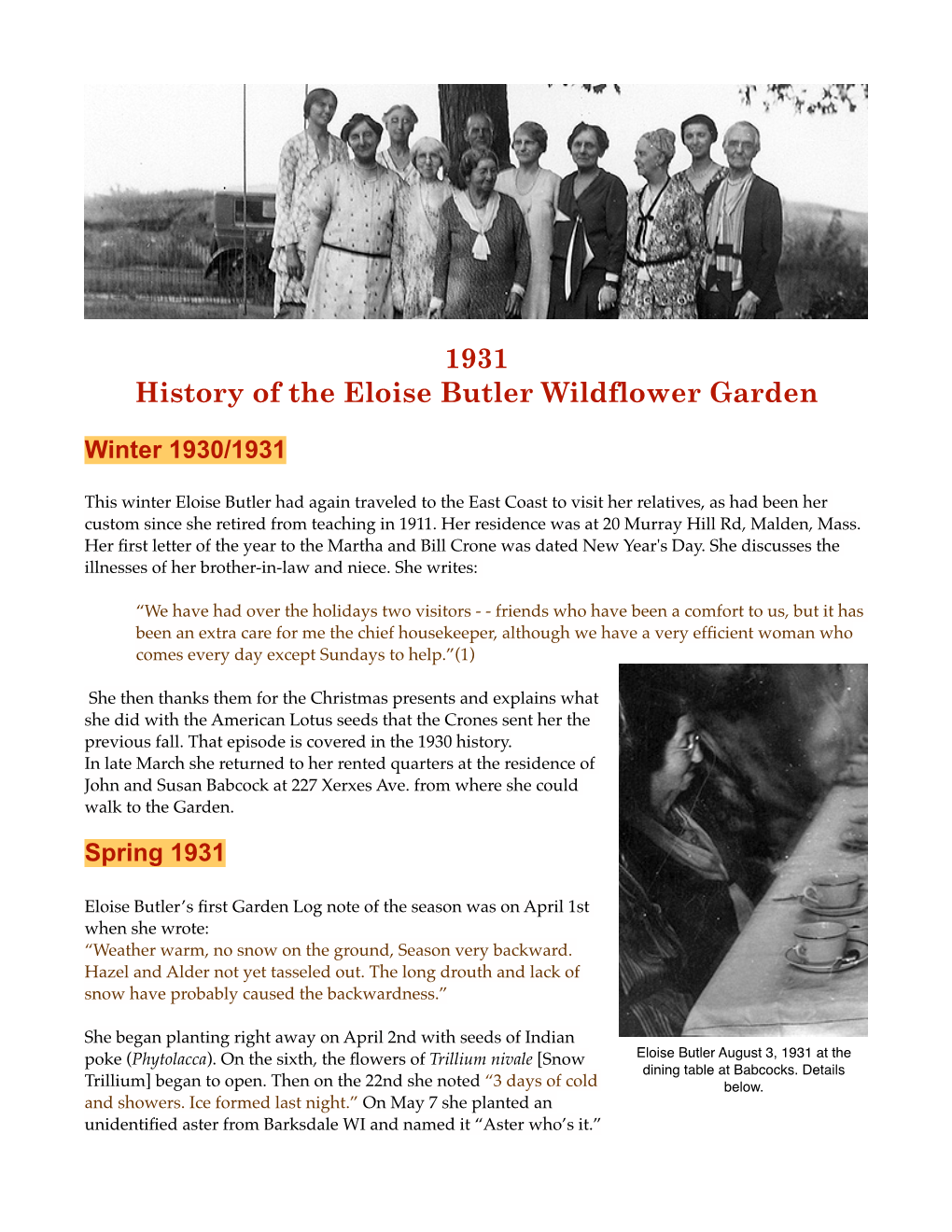 1931 History of the Eloise Butler Wildflower Garden