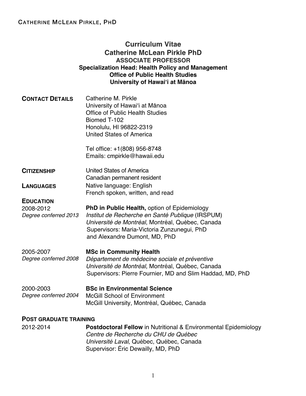 Curriculum Vitae Catherine Mclean Pirkle