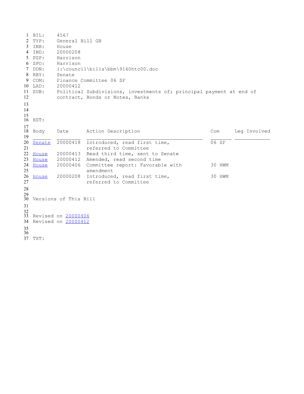 1999-2000 Bill 4567: Political Subdivisions, Investments Of; Principal Payment at End Of