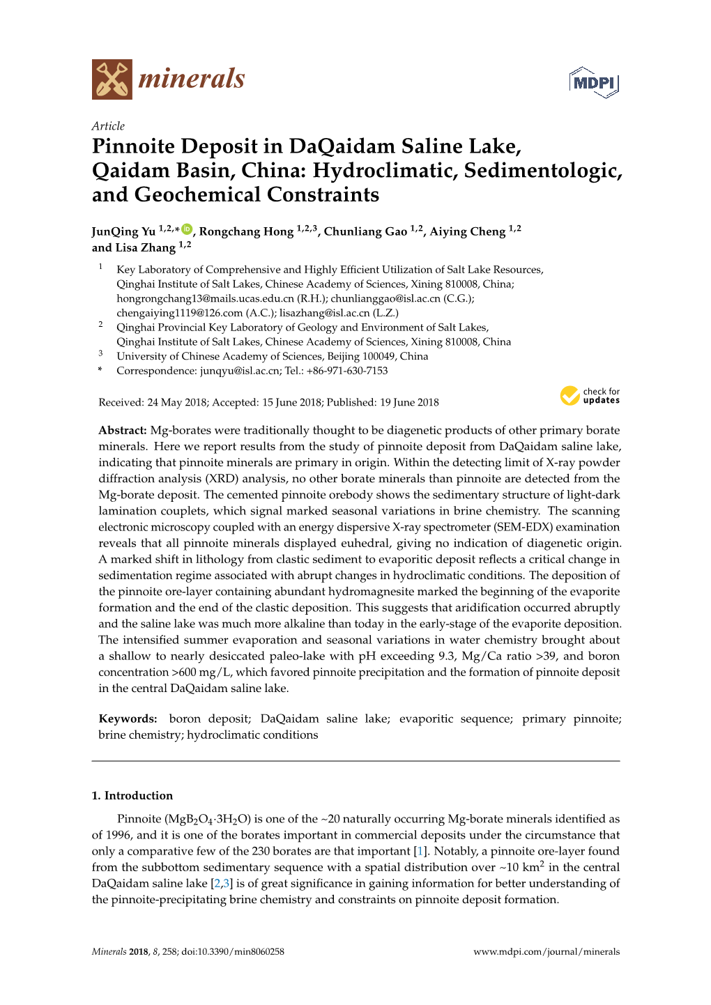 Pinnoite Deposit in Daqaidam Saline Lake, Qaidam Basin, China: Hydroclimatic, Sedimentologic, and Geochemical Constraints