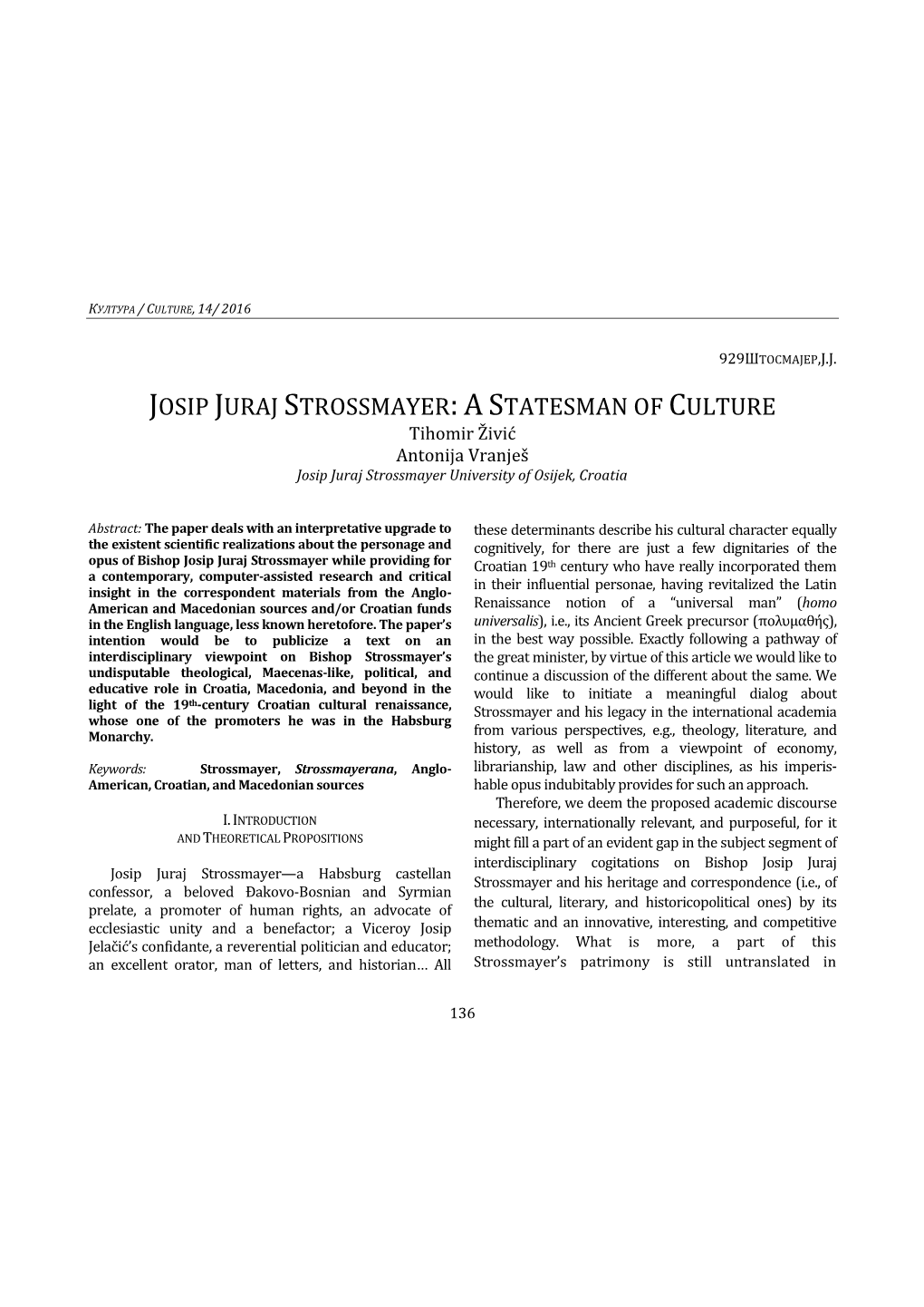 Josip Juraj Strossmayer:As Tatesman of Culture