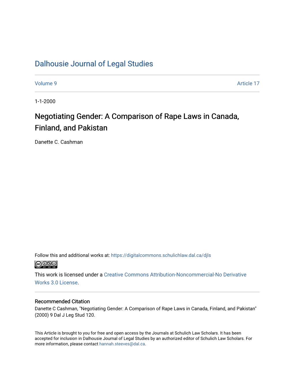 Negotiating Gender: a Comparison of Rape Laws in Canada, Finland, and Pakistan