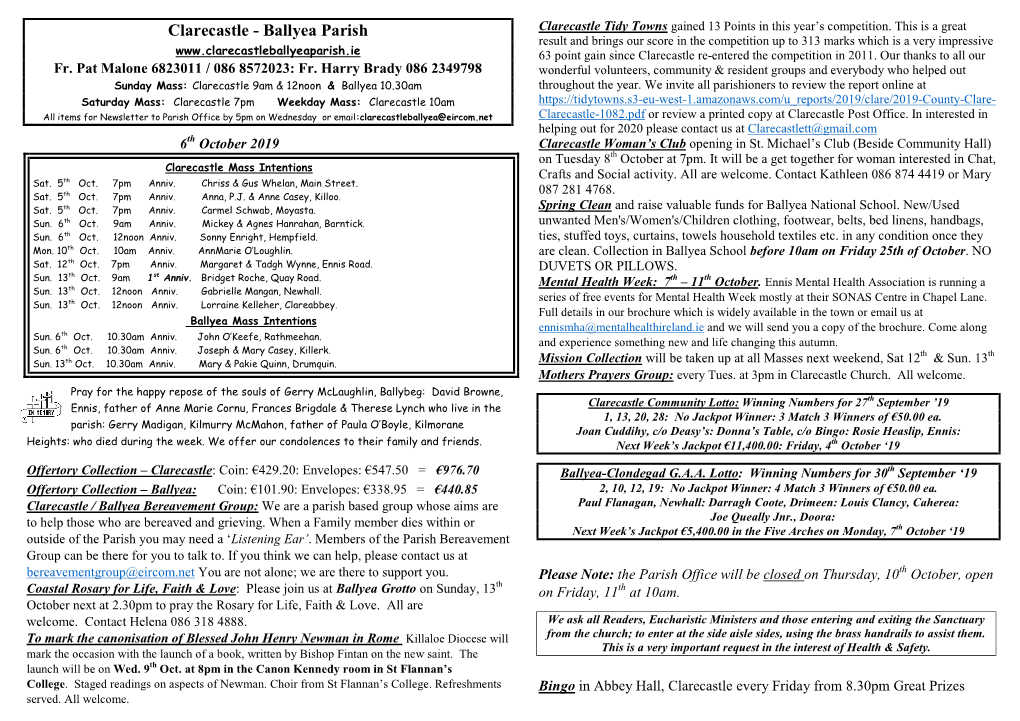 Clarecastle - Ballyea Parish Clarecastle Tidy Towns Gained 13 Points in This Year’S Competition