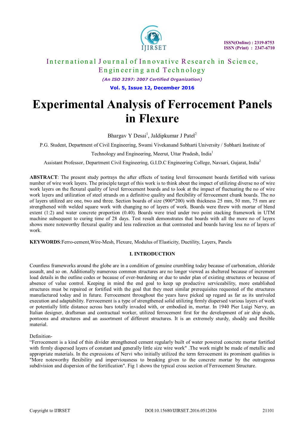 Experimental Analysis of Ferrocement Panels in Flexure