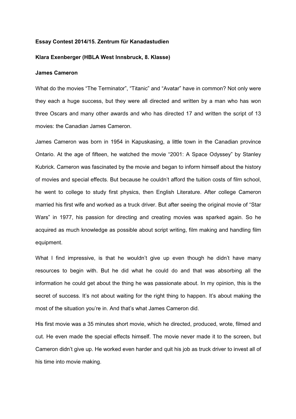 Essay Contest 2014 15 Klara Exenberger James Cameron Homepage