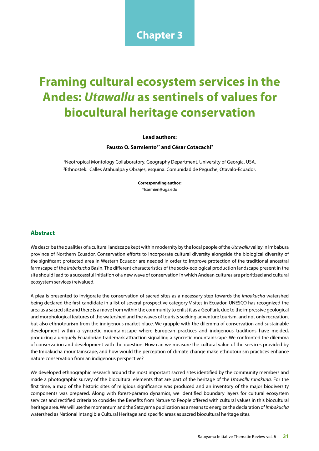 Framing Cultural Ecosystem Services in the Andes: Utawallu As Sentinels of Values for Biocultural Heritage Conservation