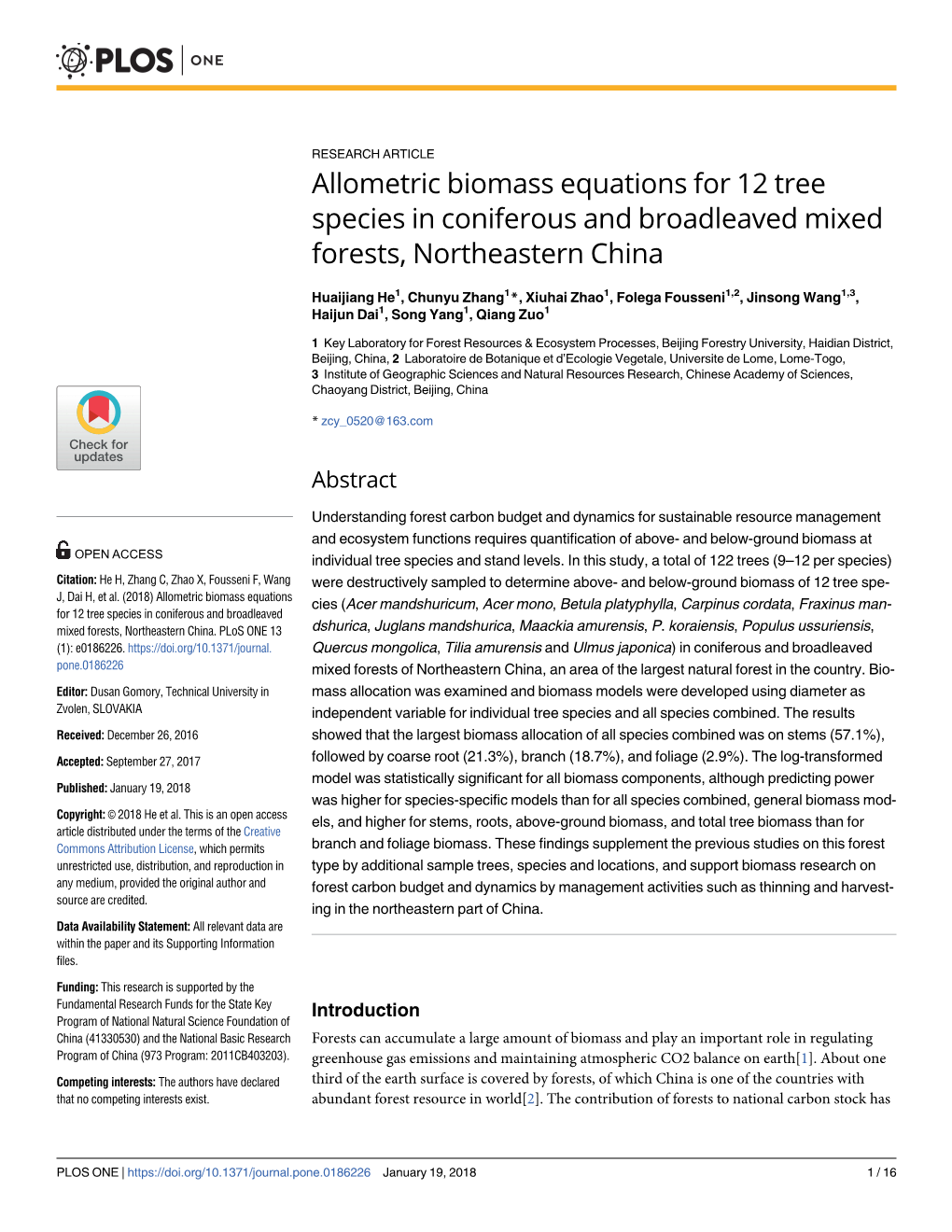 Allometric Biomass Equations for 12 Tree Species in Coniferous and Broadleaved Mixed Forests, Northeastern China