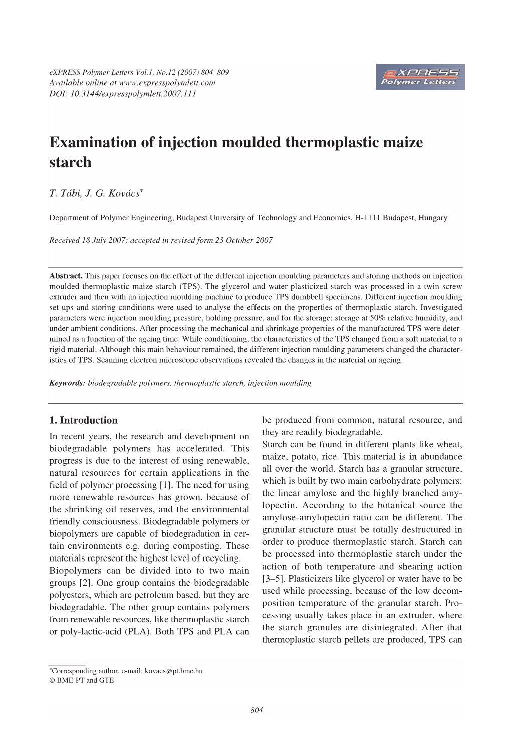 Examination of Injection Moulded Thermoplastic Maize Starch