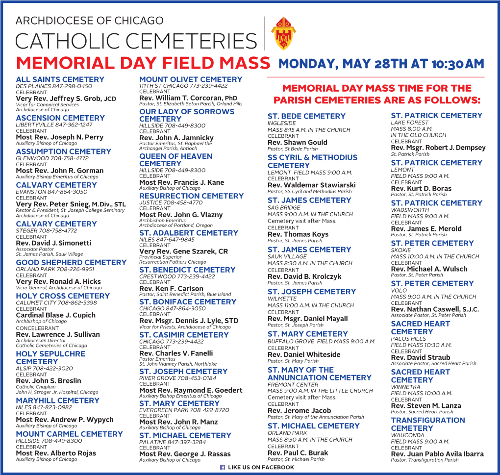 Memorial Day Field Mass Monday, May 28Th at 10:30Am