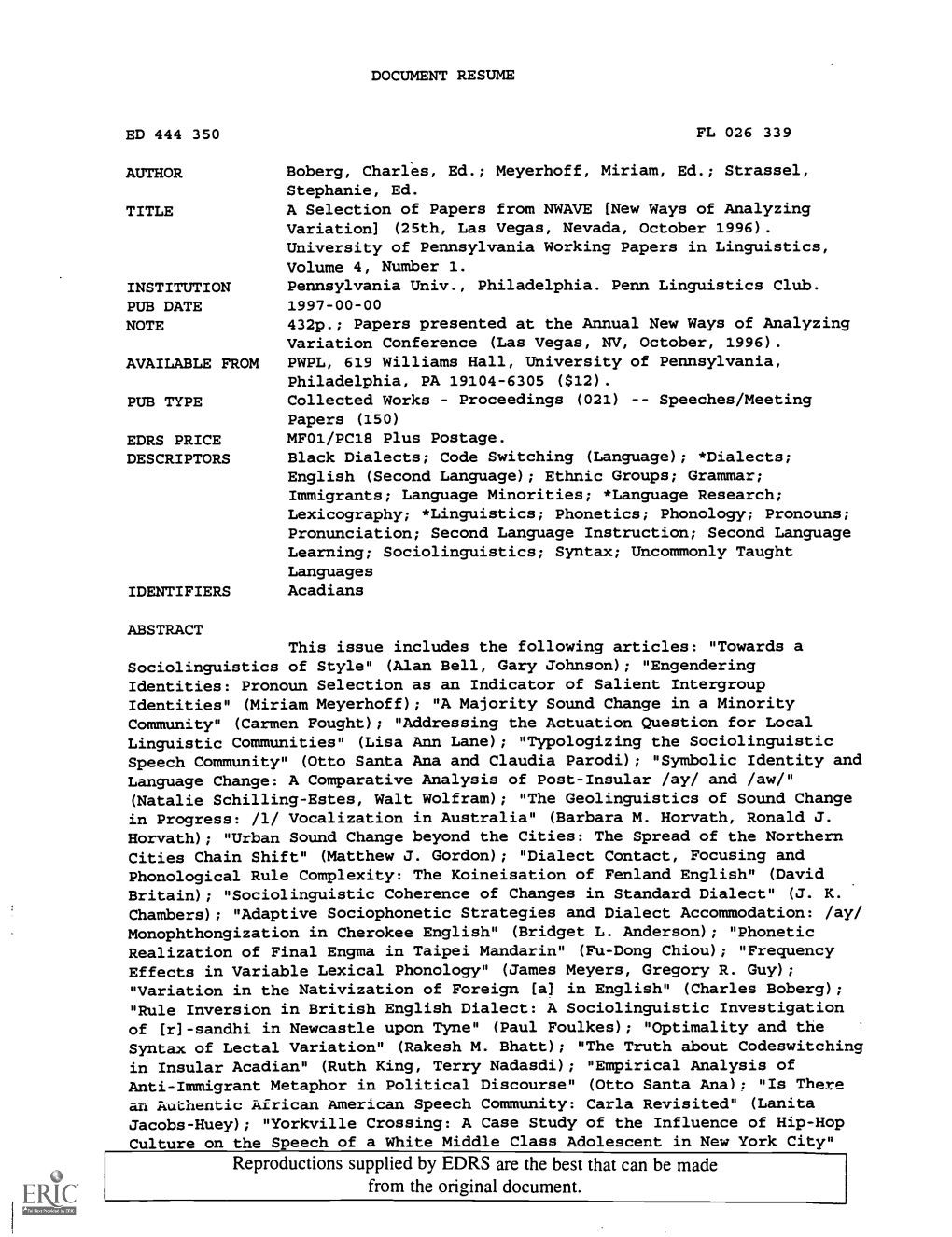 A Selection of Papers from NWAVE [New Ways of Analyzing Variation](25Th, Las Vegas, Nevada, October 1996)