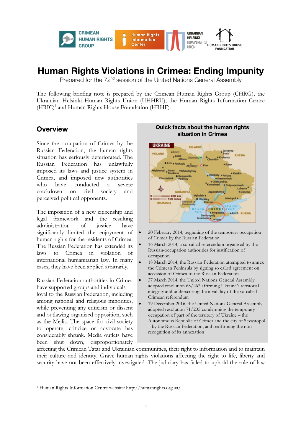 Human Rights Violations in Crimea: Ending Impunity Prepared for the 72Nd Session of the United Nations General Assembly