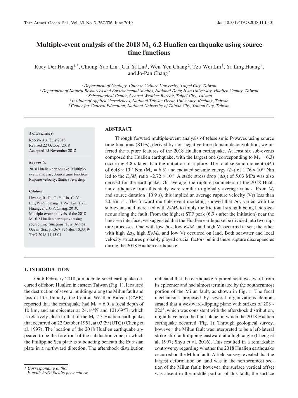 Multiple-Event Analysis of the 2018 ML 6.2 Hualien Earthquake Using Source Time Functions