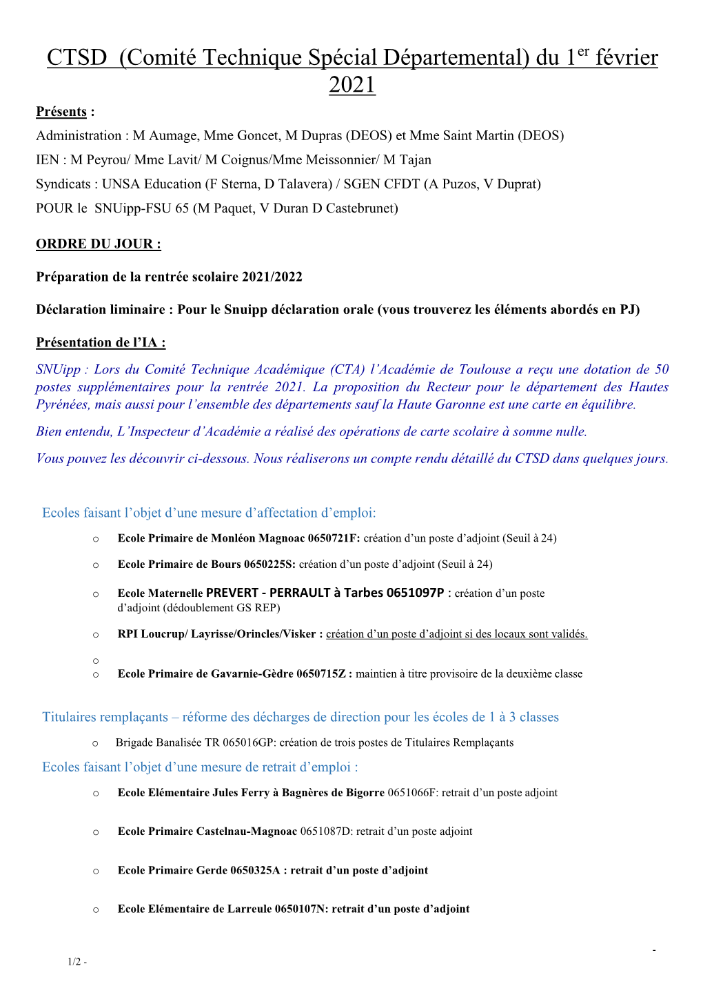 CTSD (Comité Technique Spécial Départemental) Du 1 Février 2021
