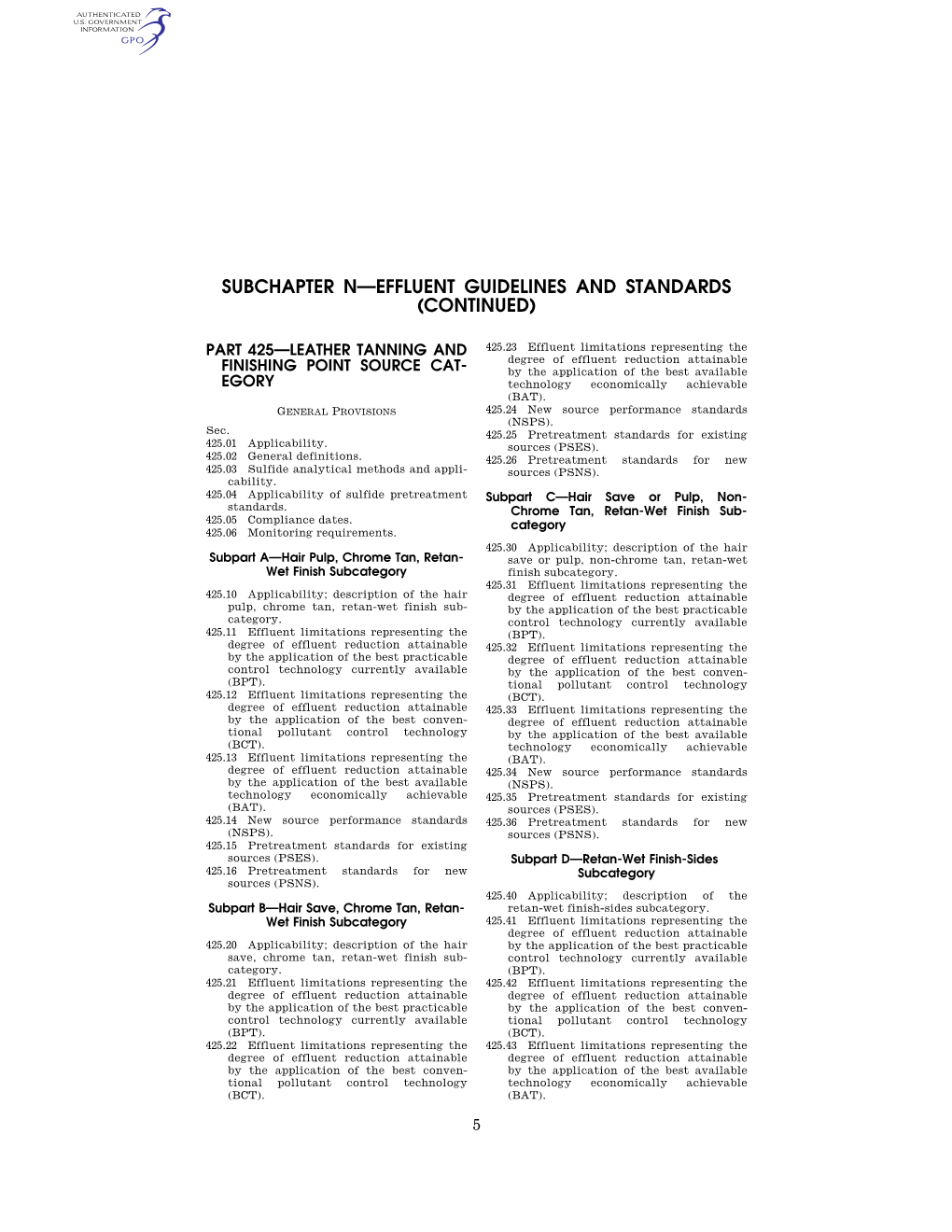 Subchapter N—Effluent Guidelines and Standards (Continued)