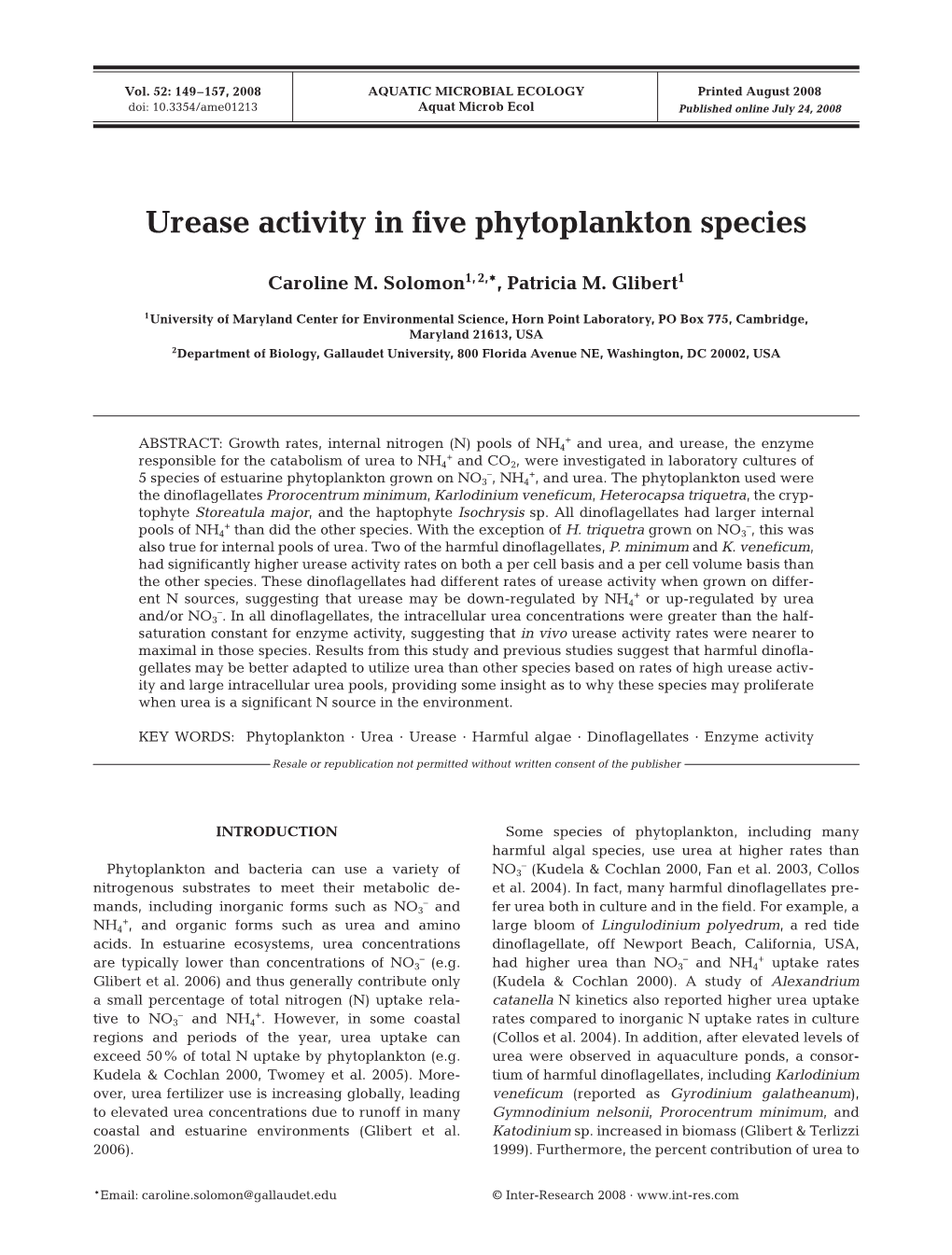 Urease Activity in Five Phytoplankton Species