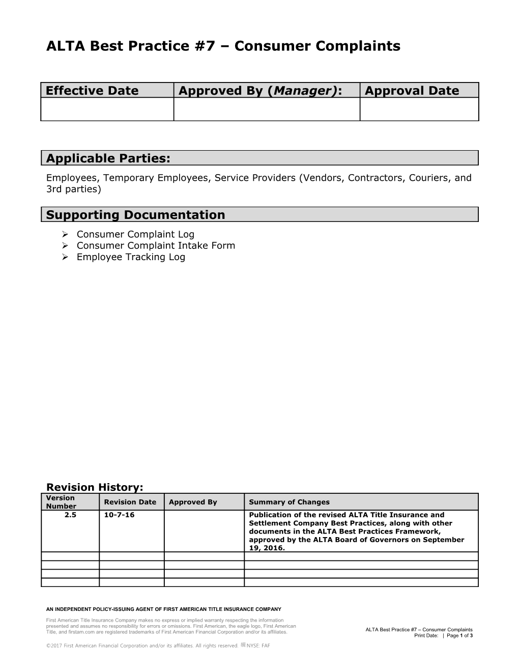 ALTA Best Practice #7 Consumer Complaints