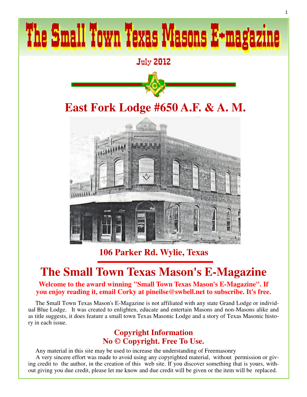 The Small Town Texas Mason's E-Magazine East Fork Lodge #650