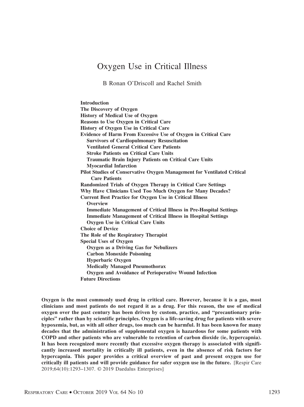 Oxygen Use in Critical Illness
