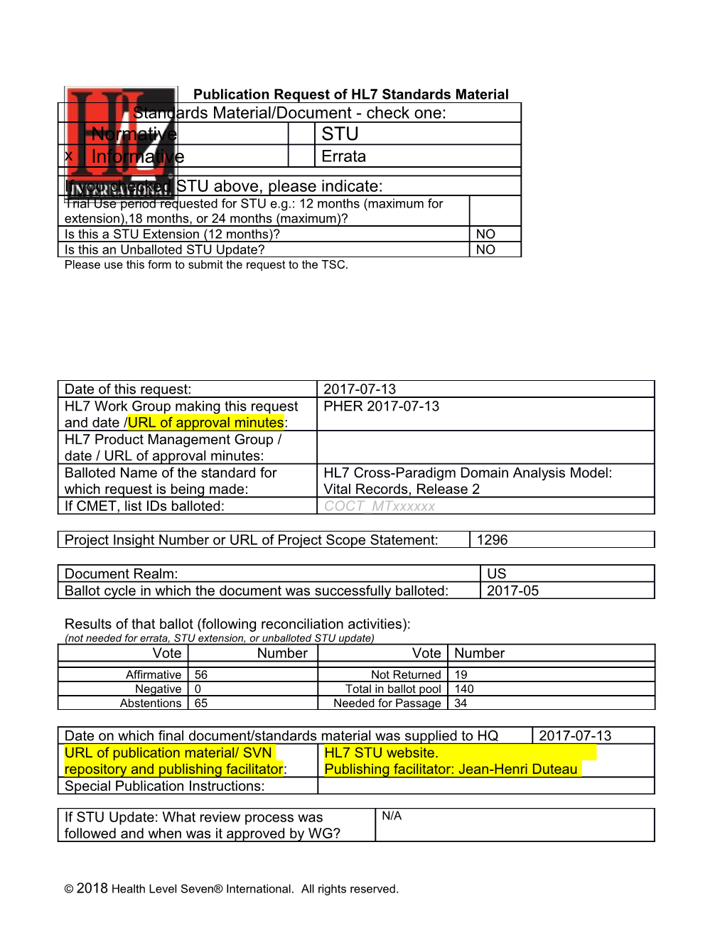 Publication Request of HL7 Standards Material