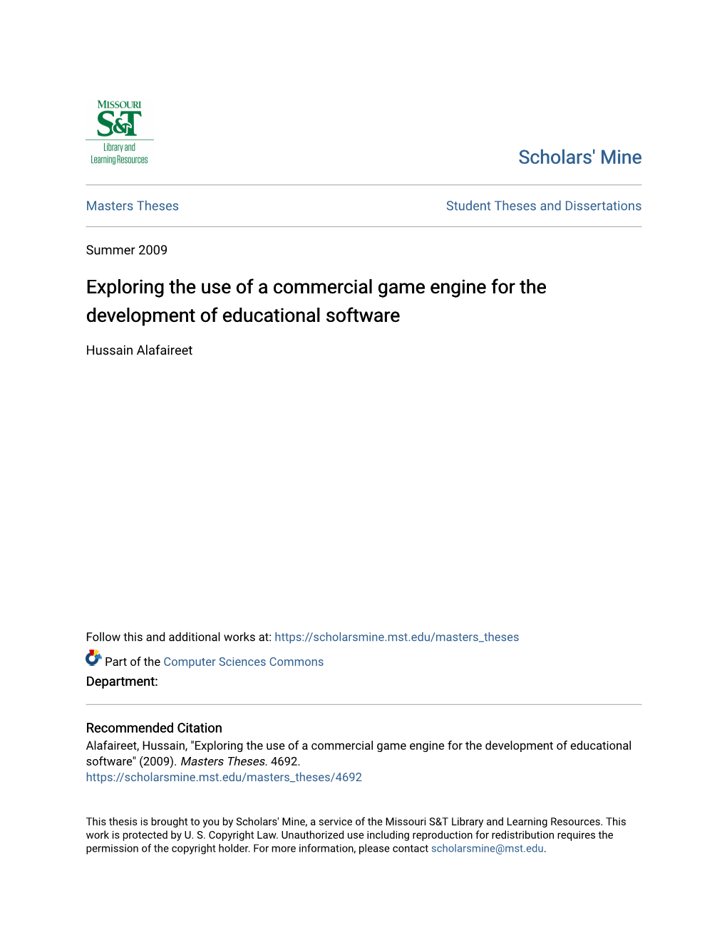 Exploring the Use of a Commercial Game Engine for the Development of Educational Software