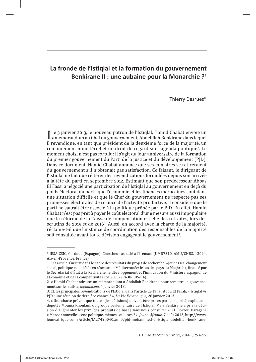 La Fronde De L'istiqlal Et La Formation Du