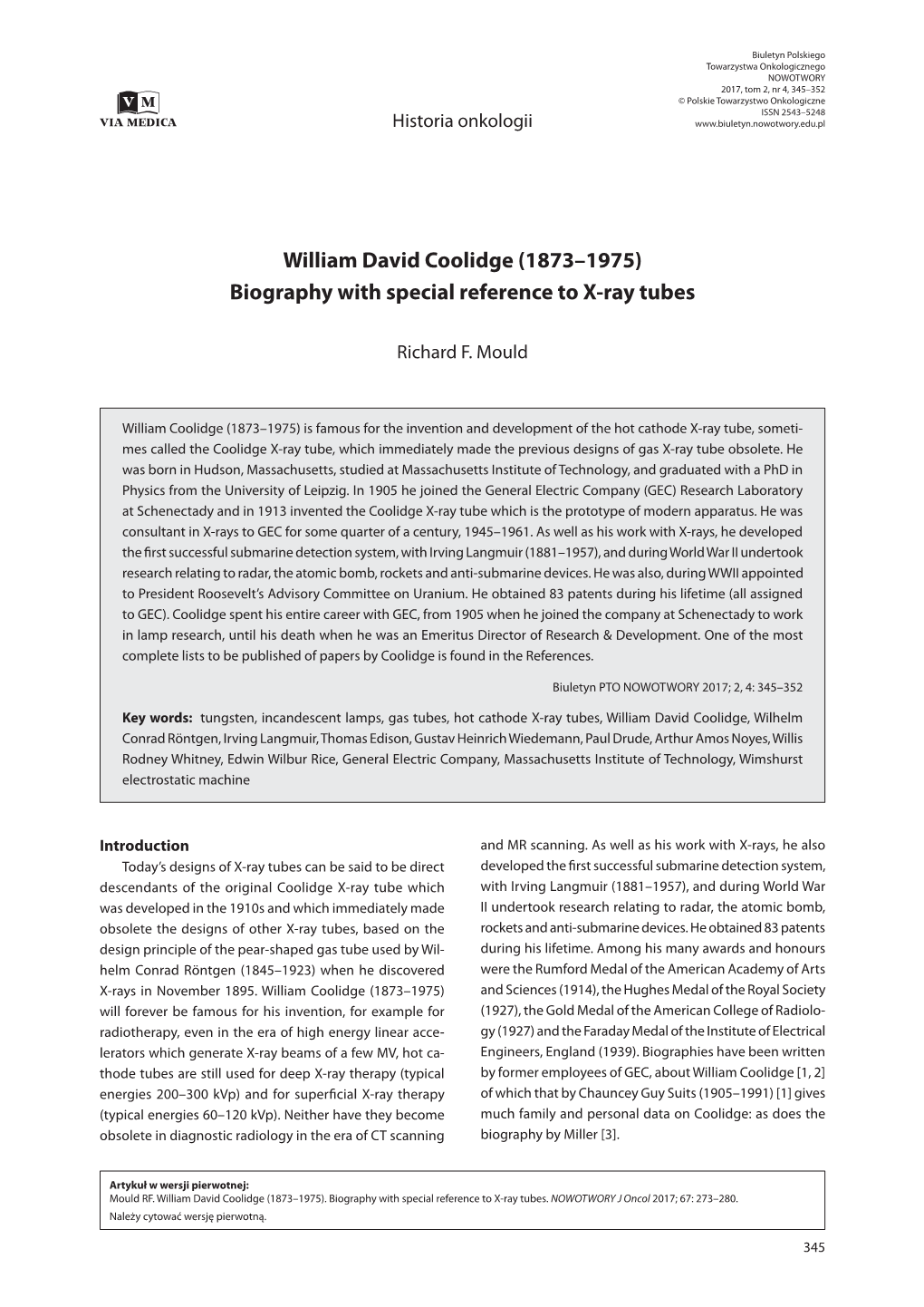 William David Coolidge (1873–1975) Biography with Special Reference to X-Ray Tubes