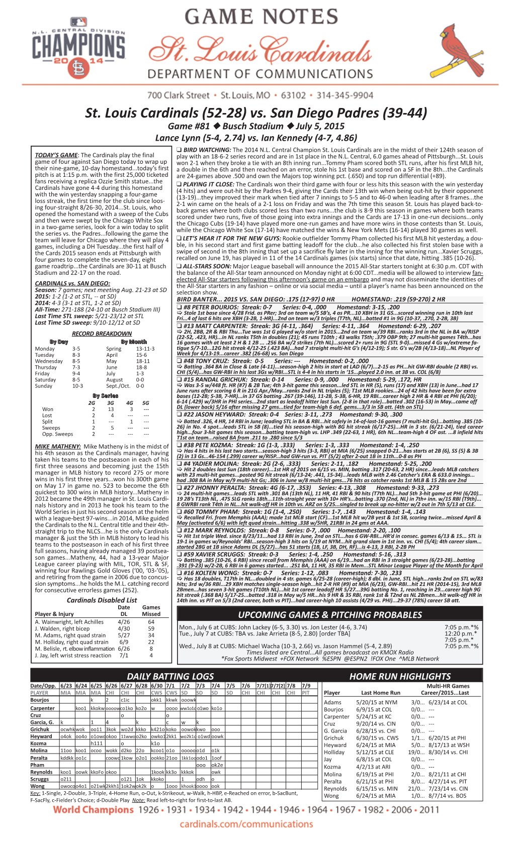 St. Louis Cardinals (52-28) Vs. San Diego Padres (39-44) Game #81 N Busch Stadium N July 5, 2015 Lance Lynn (5-4, 2.74) Vs