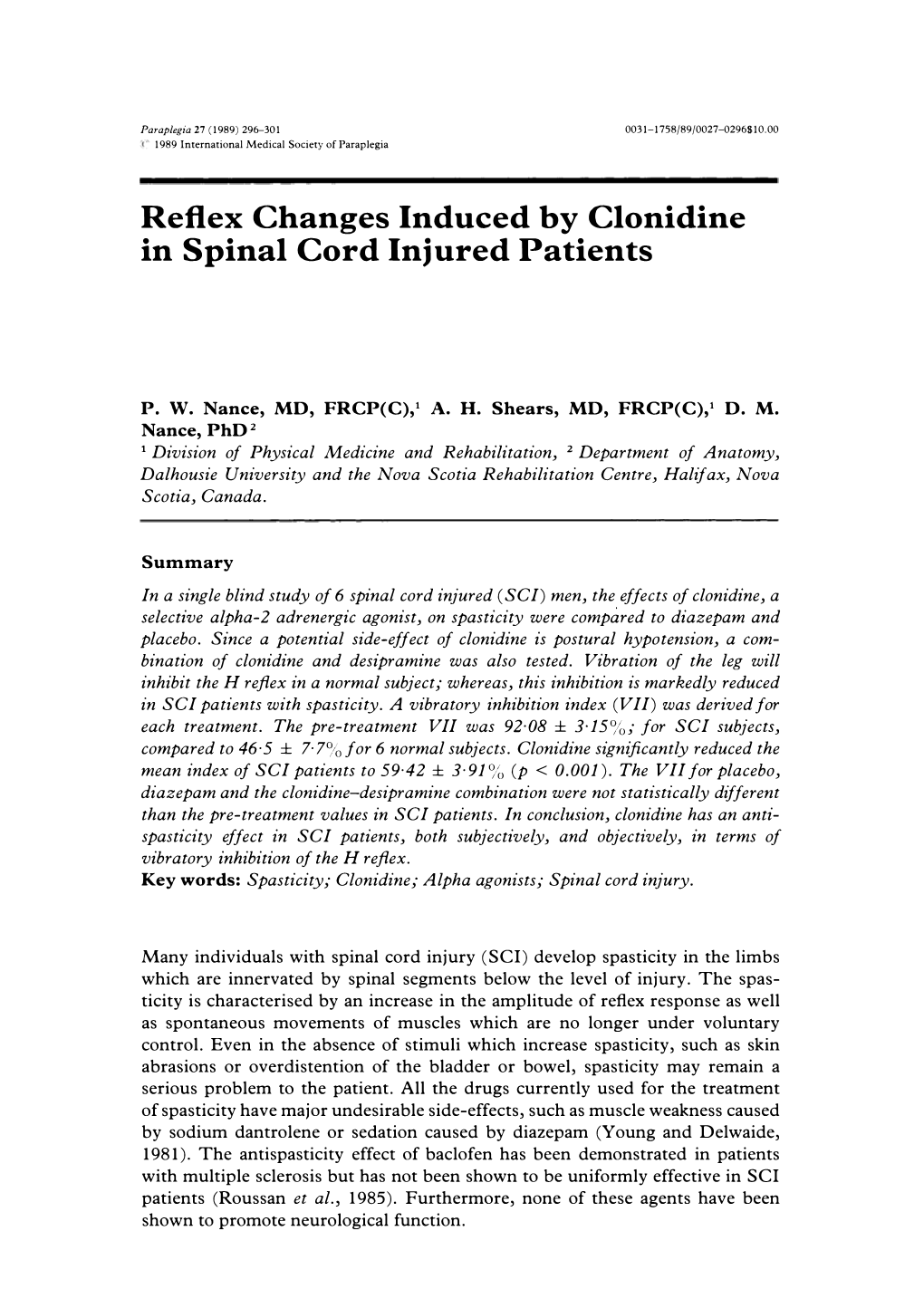 Reflex Changes Induced by Clonidine in Spinal Cord Injured Patients