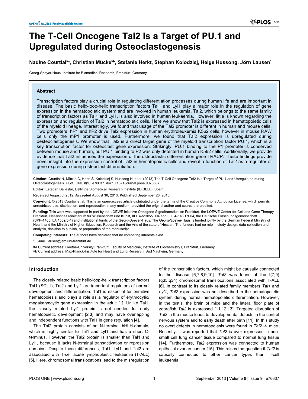 The T-Cell Oncogene Tal2 Is a Target of PU.1 and Upregulated During Osteoclastogenesis