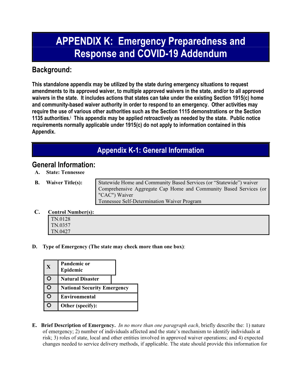 APPENDIX K: Emergency Preparedness and Response and COVID-19 Addendum Background