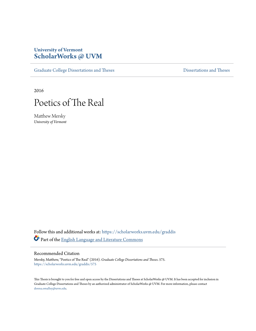 Poetics of the Real Matthew Em Rsky University of Vermont