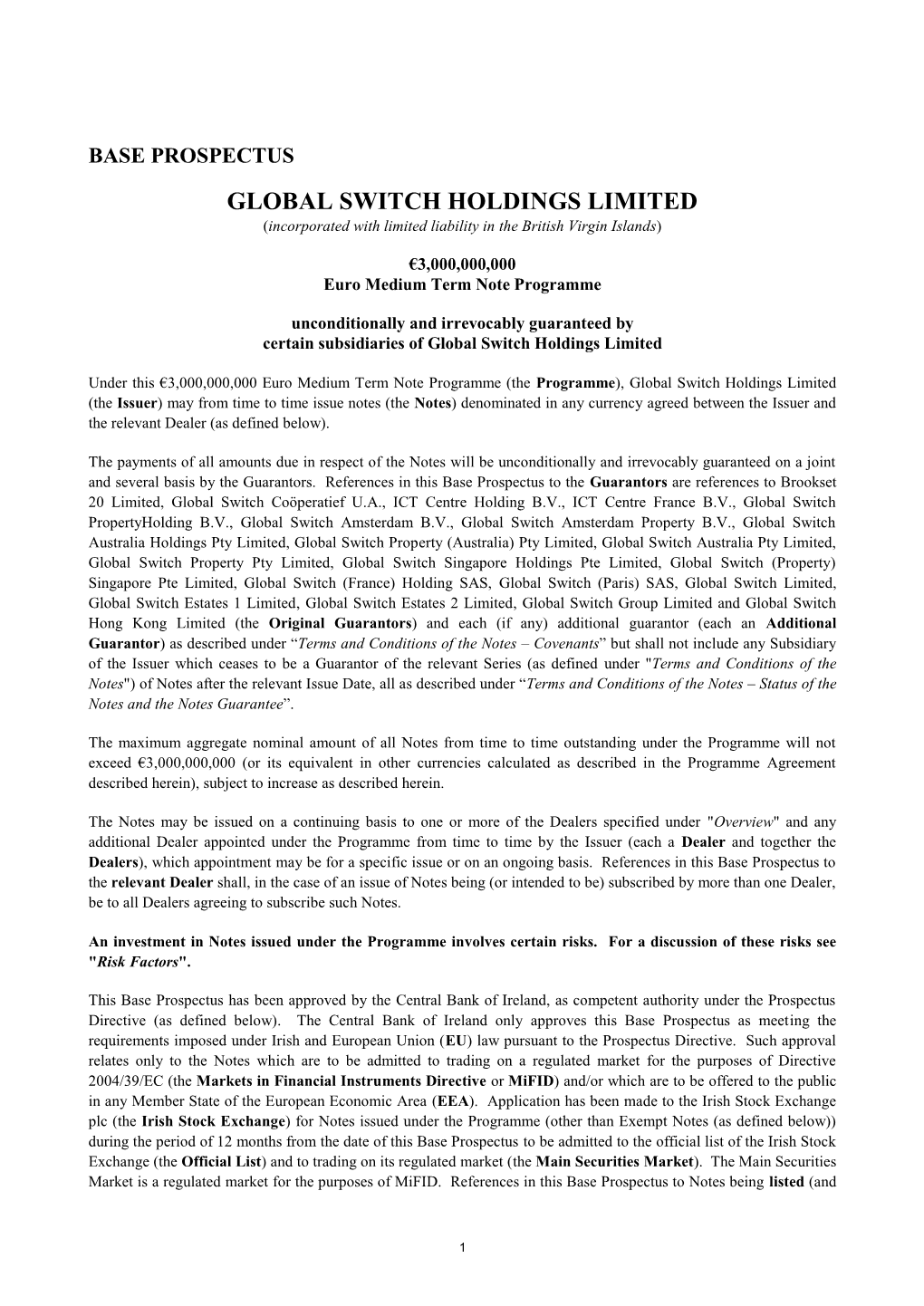 GLOBAL SWITCH HOLDINGS LIMITED (Incorporated with Limited Liability in the British Virgin Islands)