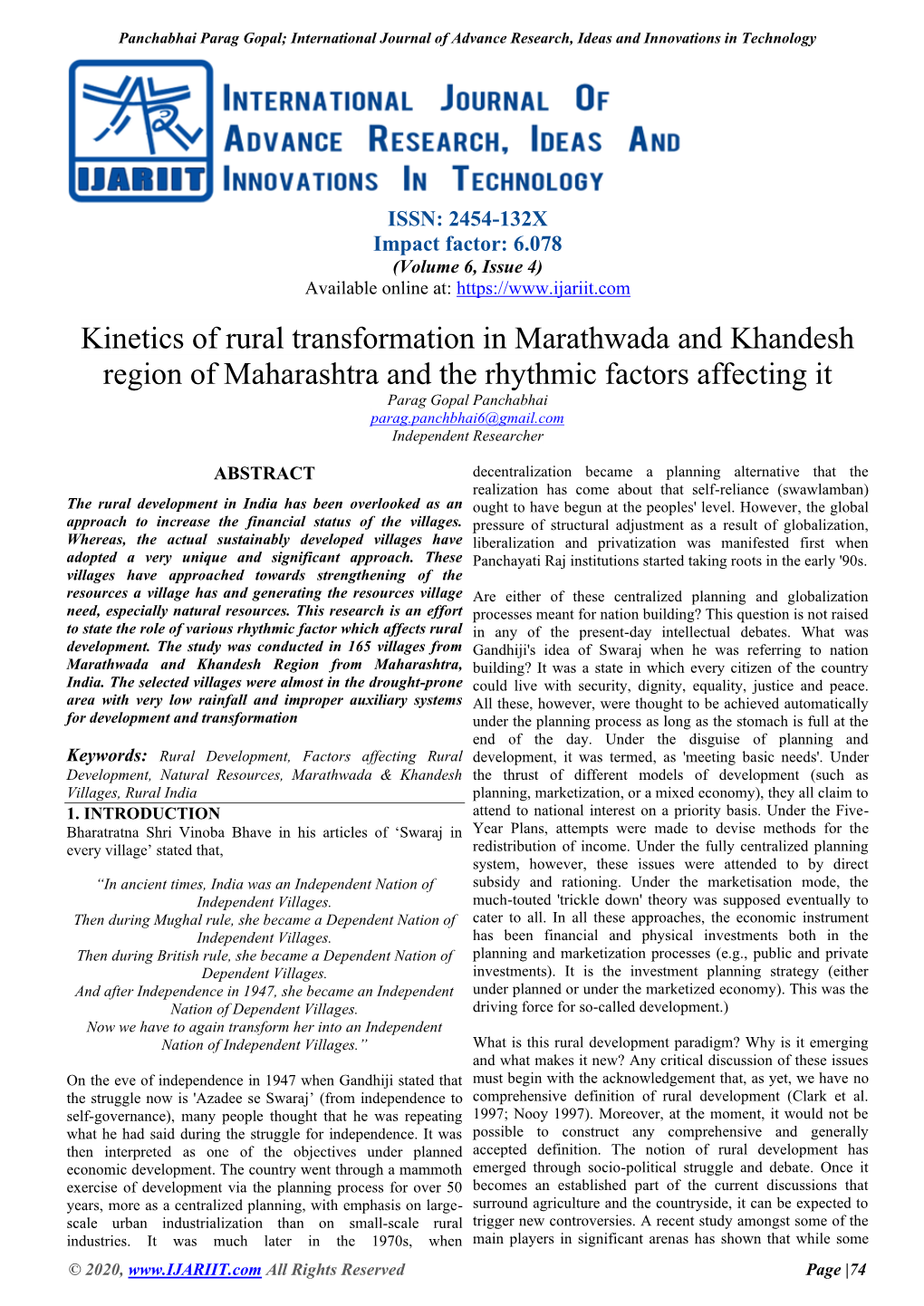 Kinetics of Rural Transformation in Marathwada & Khandesh Region Of