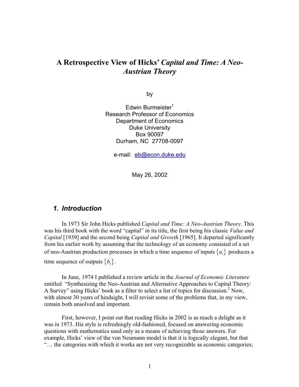 A Retrospective View of Hicks' Capital and Time: a Neo-Austrian Theory
