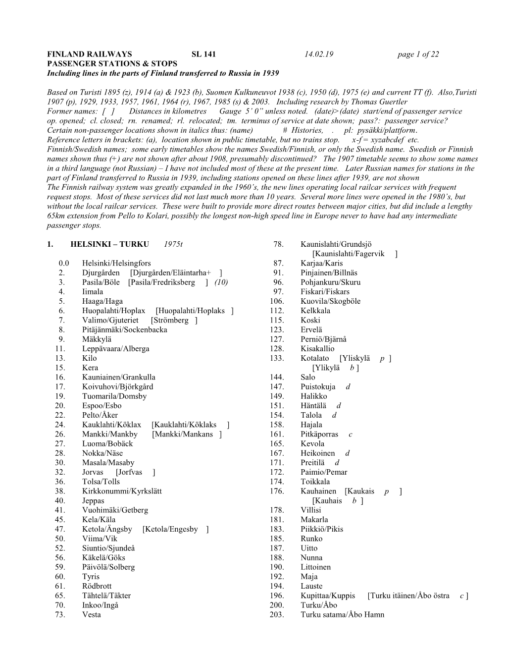 FINLAND RAILWAYS SL 141 14.02.19 Page 1 of 22 PASSENGER STATIONS & STOPS Including Lines in the Parts of Finland Transferred to Russia in 1939