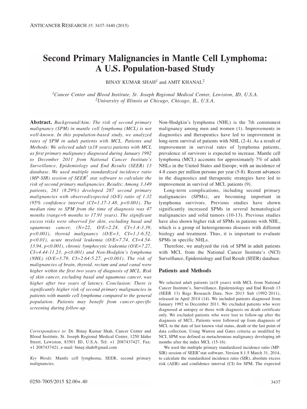 Second Primary Malignancies in Mantle Cell Lymphoma: a U.S