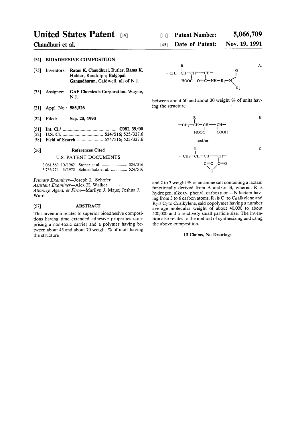 United States Patent (19) 11 Patent Number: 5,066,709 Chaudhuri Et Al